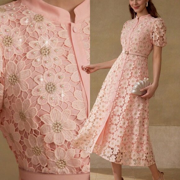 Pink Elegant Women's Floral Embroidered Puff Sleeve Fitted waist dress - Picture 2 of 7